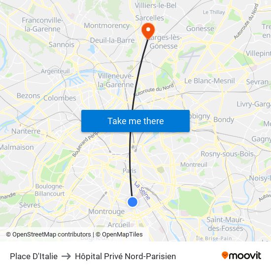 Place D'Italie to Hôpital Privé Nord-Parisien map