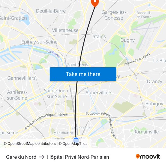 Gare du Nord to Hôpital Privé Nord-Parisien map