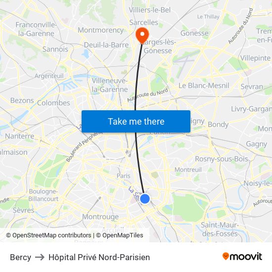 Bercy to Hôpital Privé Nord-Parisien map