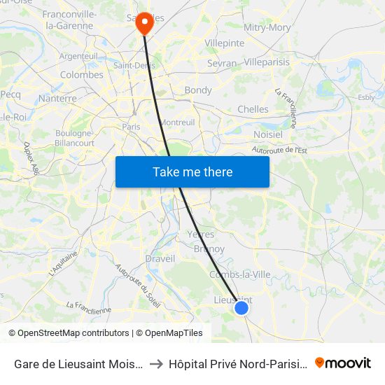 Gare de Lieusaint Moissy to Hôpital Privé Nord-Parisien map