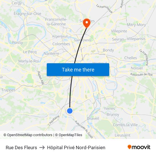 Rue Des Fleurs to Hôpital Privé Nord-Parisien map