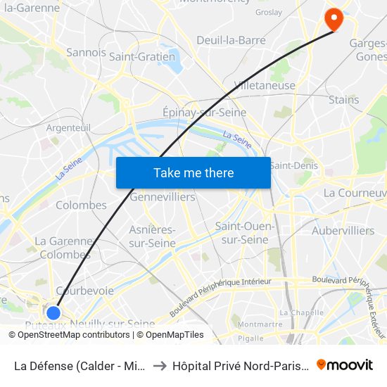 La Défense (Calder - Miro) to Hôpital Privé Nord-Parisien map