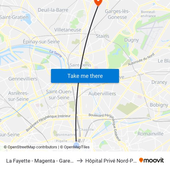 La Fayette - Magenta - Gare du Nord to Hôpital Privé Nord-Parisien map