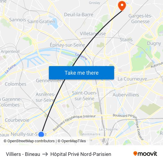 Villiers - Bineau to Hôpital Privé Nord-Parisien map