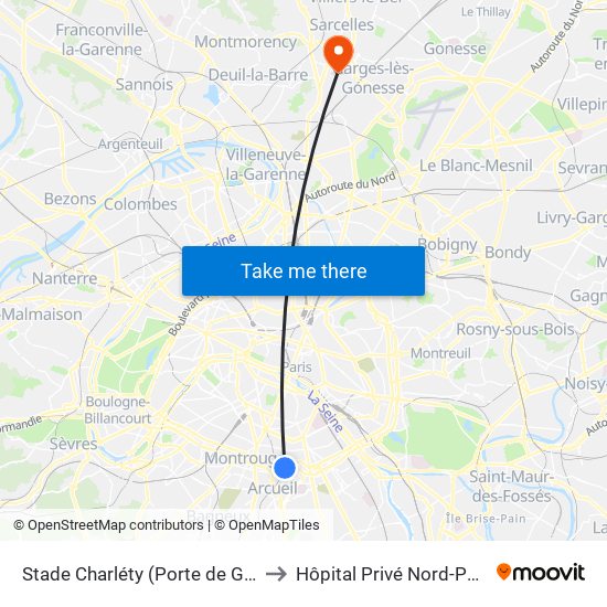 Stade Charléty (Porte de Gentilly) to Hôpital Privé Nord-Parisien map