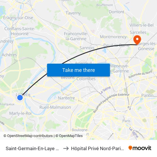 Saint-Germain-En-Laye RER to Hôpital Privé Nord-Parisien map