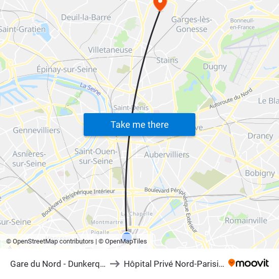 Gare du Nord - Dunkerque to Hôpital Privé Nord-Parisien map