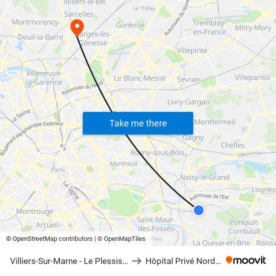 Villiers-Sur-Marne - Le Plessis-Trévise RER to Hôpital Privé Nord-Parisien map