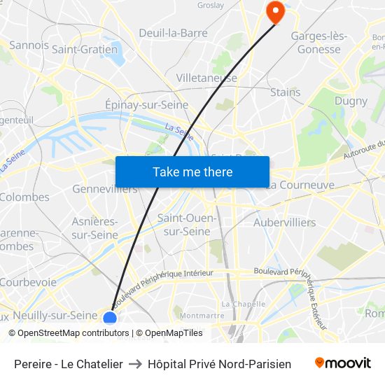 Pereire - Le Chatelier to Hôpital Privé Nord-Parisien map