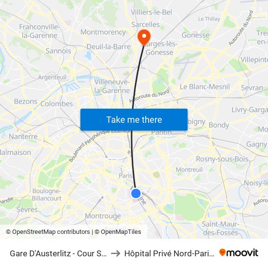 Gare D'Austerlitz - Cour Seine to Hôpital Privé Nord-Parisien map
