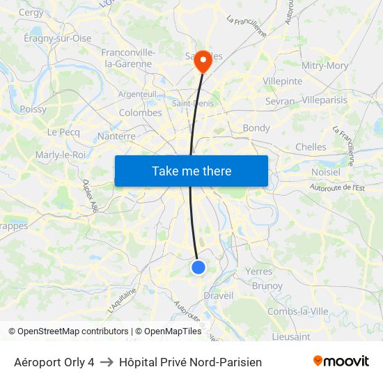 Aéroport Orly 4 to Hôpital Privé Nord-Parisien map