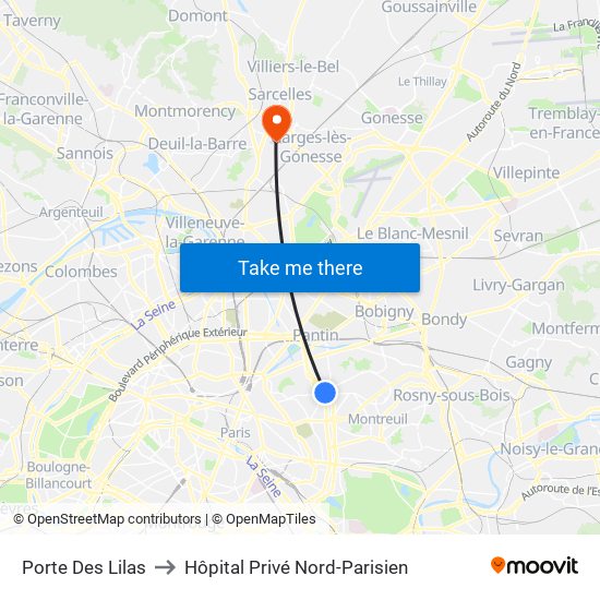 Porte Des Lilas to Hôpital Privé Nord-Parisien map