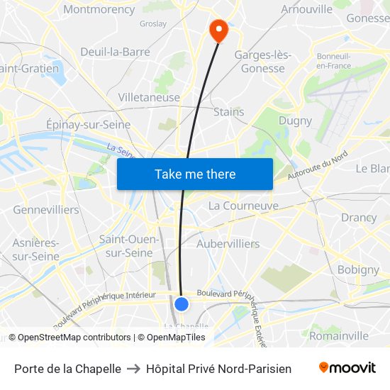 Porte de la Chapelle to Hôpital Privé Nord-Parisien map