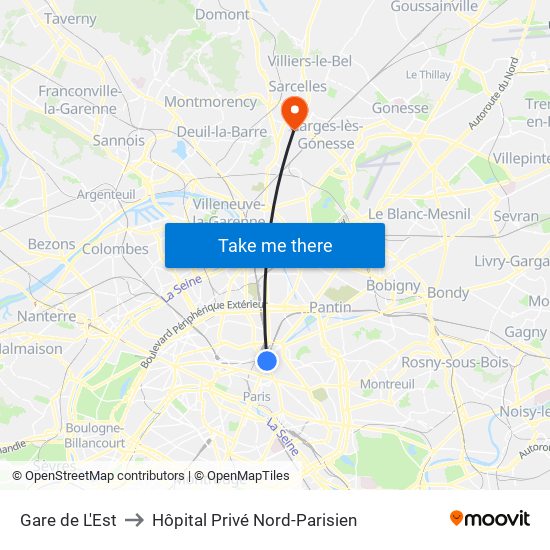 Gare de L'Est to Hôpital Privé Nord-Parisien map