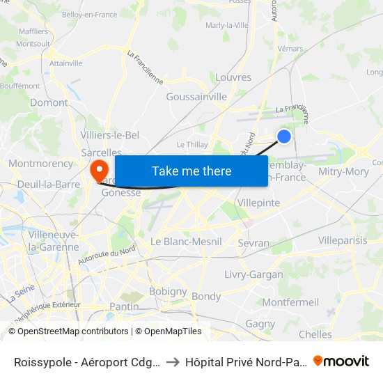 Roissypole - Aéroport Cdg1 (D1) to Hôpital Privé Nord-Parisien map