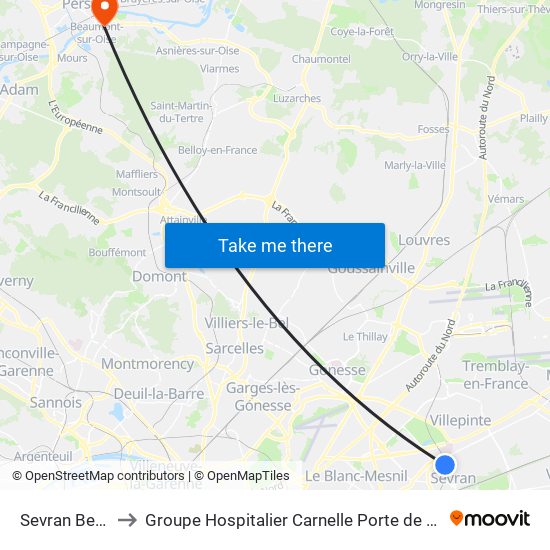 Sevran Beaudottes to Groupe Hospitalier Carnelle Porte de L'Oise - Site de Beaumont map