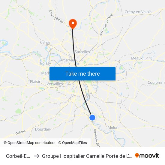 Corbeil-Essonnes to Groupe Hospitalier Carnelle Porte de L'Oise - Site de Beaumont map