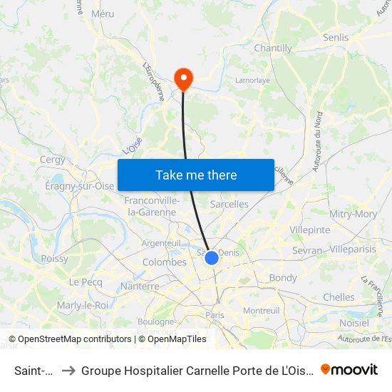 Saint-Denis to Groupe Hospitalier Carnelle Porte de L'Oise - Site de Beaumont map