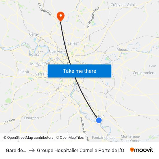 Gare de Melun to Groupe Hospitalier Carnelle Porte de L'Oise - Site de Beaumont map