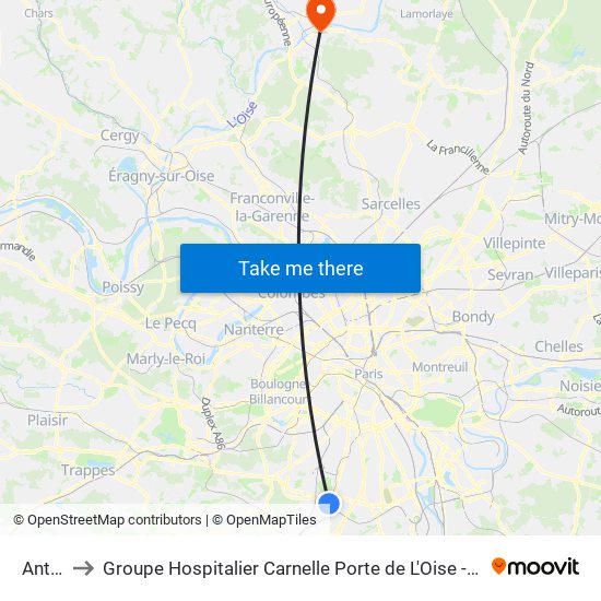 Antony to Groupe Hospitalier Carnelle Porte de L'Oise - Site de Beaumont map