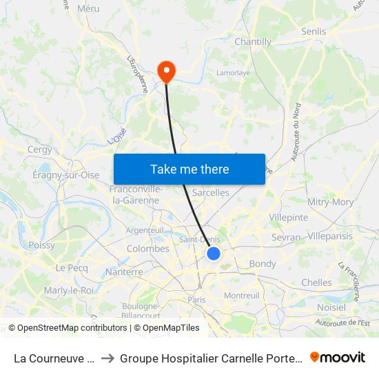 La Courneuve - Aubervilliers to Groupe Hospitalier Carnelle Porte de L'Oise - Site de Beaumont map