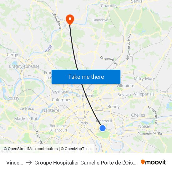 Vincennes to Groupe Hospitalier Carnelle Porte de L'Oise - Site de Beaumont map