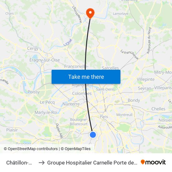 Châtillon-Montrouge to Groupe Hospitalier Carnelle Porte de L'Oise - Site de Beaumont map