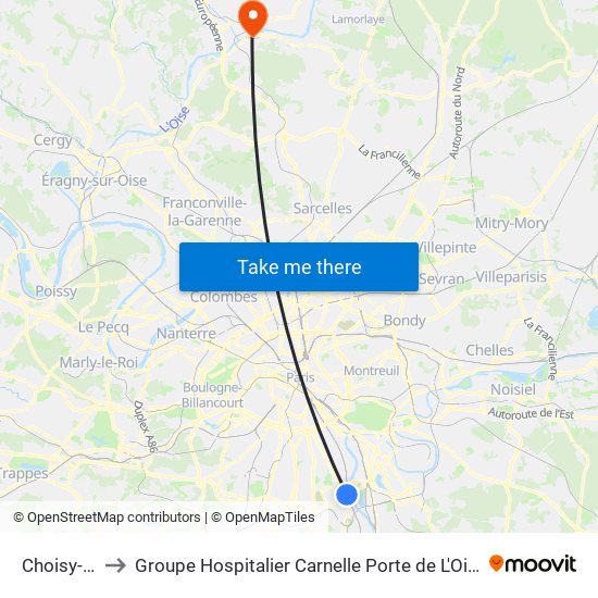 Choisy-Le-Roi to Groupe Hospitalier Carnelle Porte de L'Oise - Site de Beaumont map