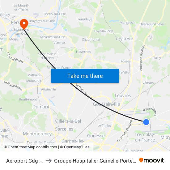 Aéroport Cdg 1 (Terminal 3) to Groupe Hospitalier Carnelle Porte de L'Oise - Site de Beaumont map