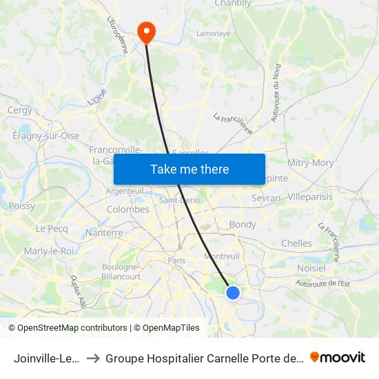 Joinville-Le-Pont RER to Groupe Hospitalier Carnelle Porte de L'Oise - Site de Beaumont map