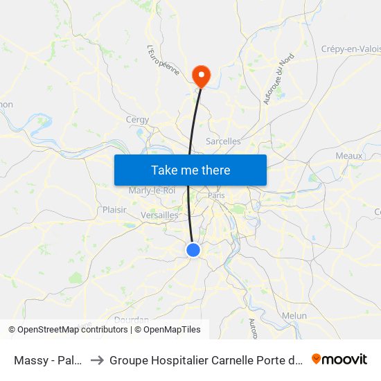 Massy - Palaiseau RER to Groupe Hospitalier Carnelle Porte de L'Oise - Site de Beaumont map