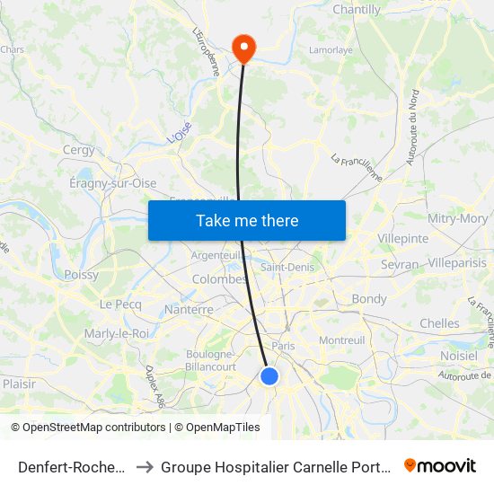 Denfert-Rochereau - Daguerre to Groupe Hospitalier Carnelle Porte de L'Oise - Site de Beaumont map