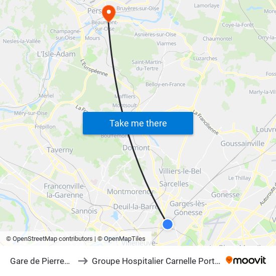 Gare de Pierrefitte - Stains RER to Groupe Hospitalier Carnelle Porte de L'Oise - Site de Beaumont map