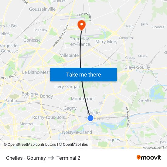 Chelles - Gournay to Terminal 2 map