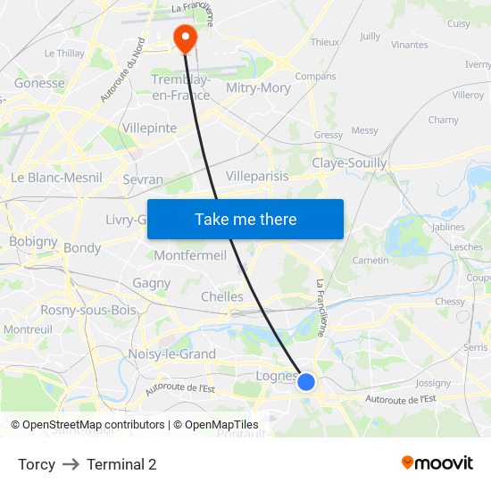 Torcy to Terminal 2 map