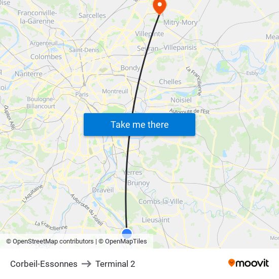 Corbeil-Essonnes to Terminal 2 map