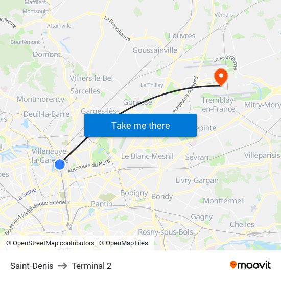 Saint-Denis to Terminal 2 map