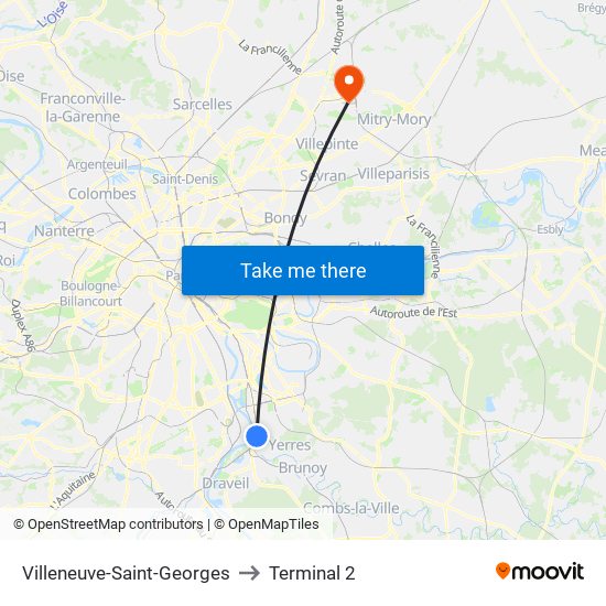 Villeneuve-Saint-Georges to Terminal 2 map