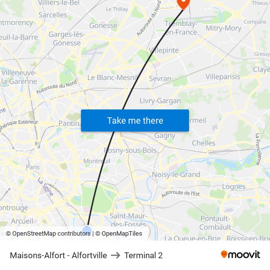 Maisons-Alfort - Alfortville to Terminal 2 map