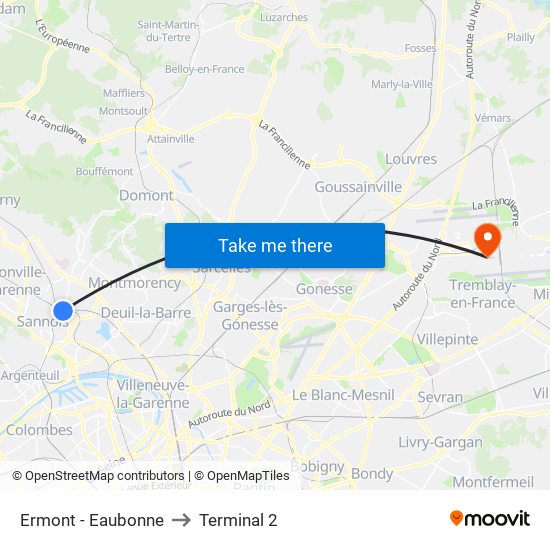 Ermont - Eaubonne to Terminal 2 map