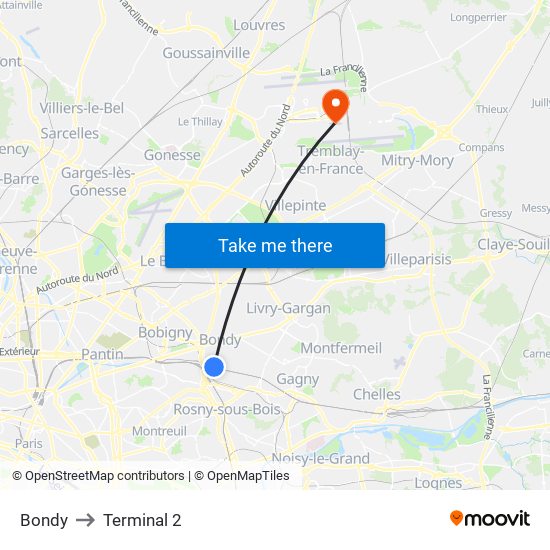 Bondy to Terminal 2 map