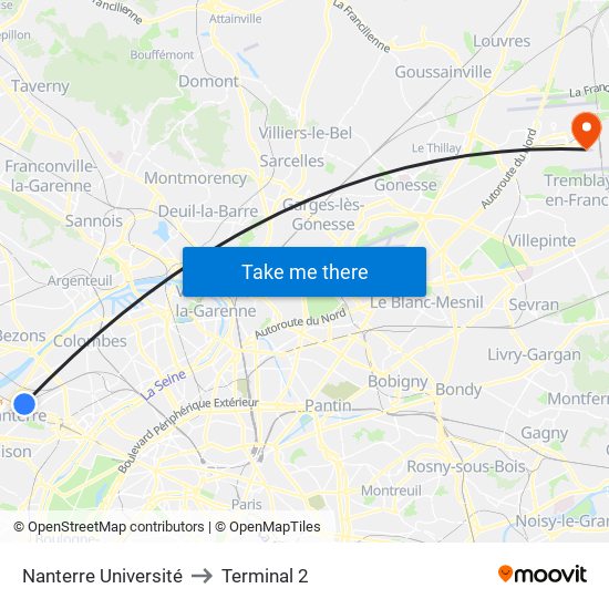 Nanterre Université to Terminal 2 map