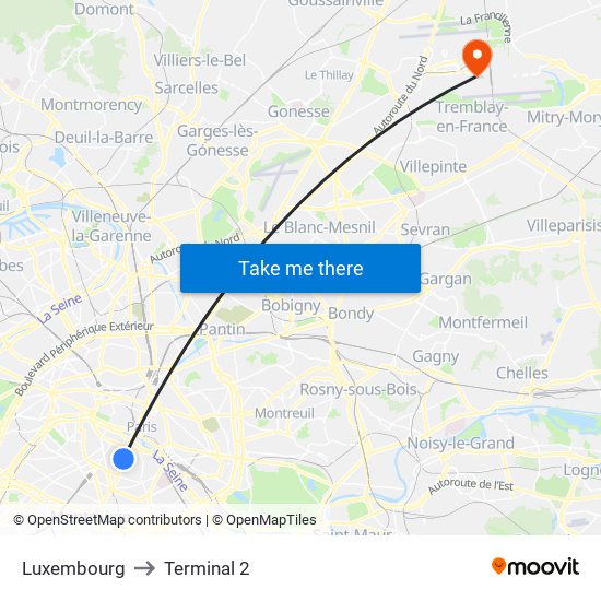 Luxembourg to Terminal 2 map