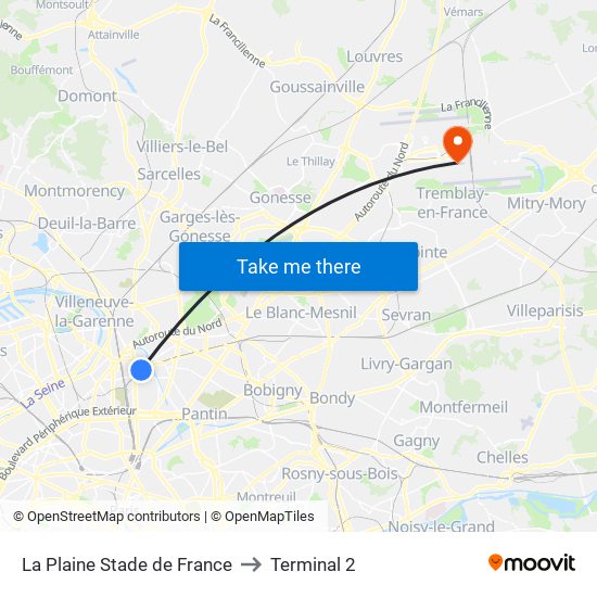 La Plaine Stade de France to Terminal 2 map