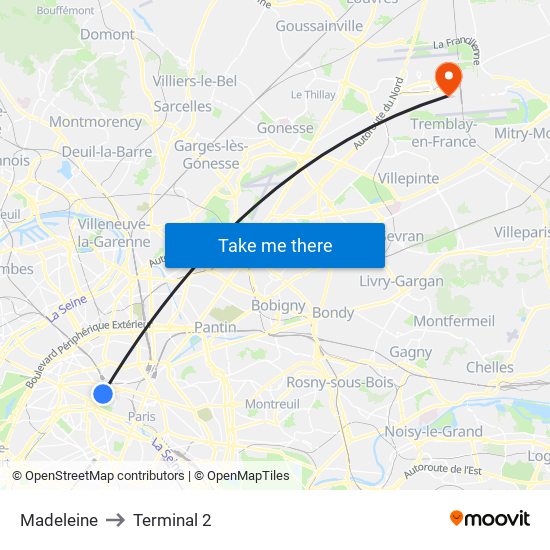 Madeleine to Terminal 2 map