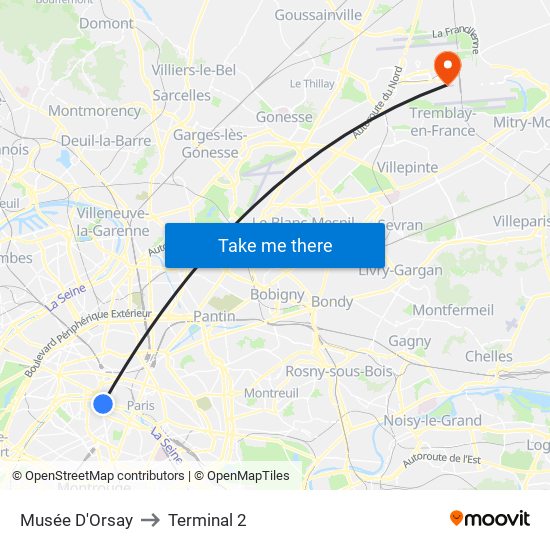 Musée D'Orsay to Terminal 2 map