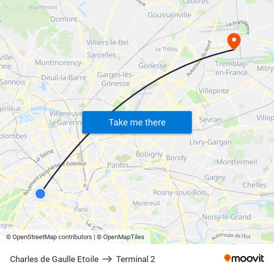 Charles de Gaulle Etoile to Terminal 2 map