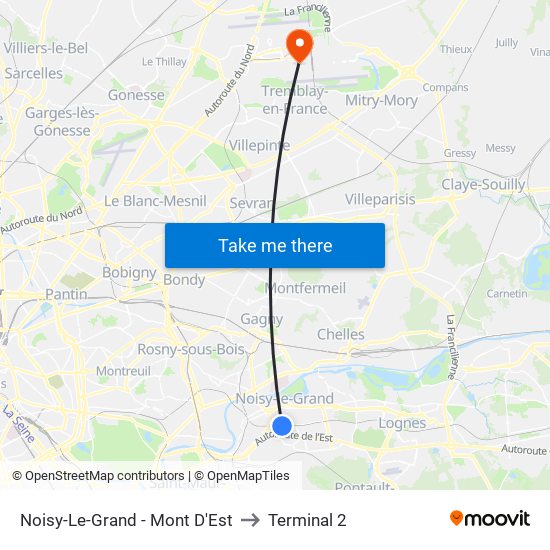 Noisy-Le-Grand - Mont D'Est to Terminal 2 map