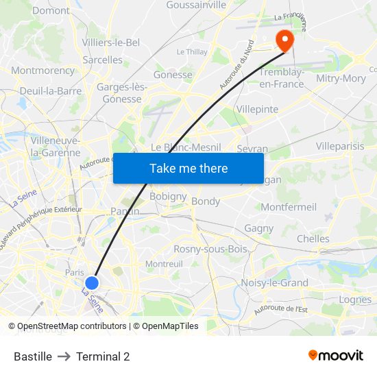 Bastille to Terminal 2 map