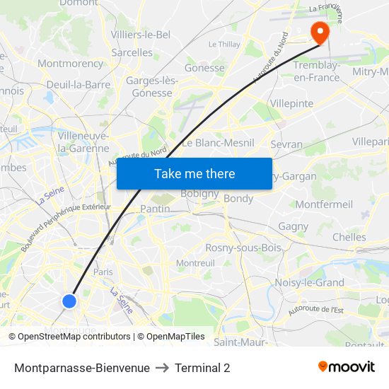 Montparnasse-Bienvenue to Terminal 2 map